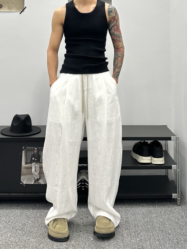 Summer New Men's Linen Casual Pants Trendy Brand Loose Lightweight Versatile Straight Wide-Leg Pants American-Style Scimitar Pants