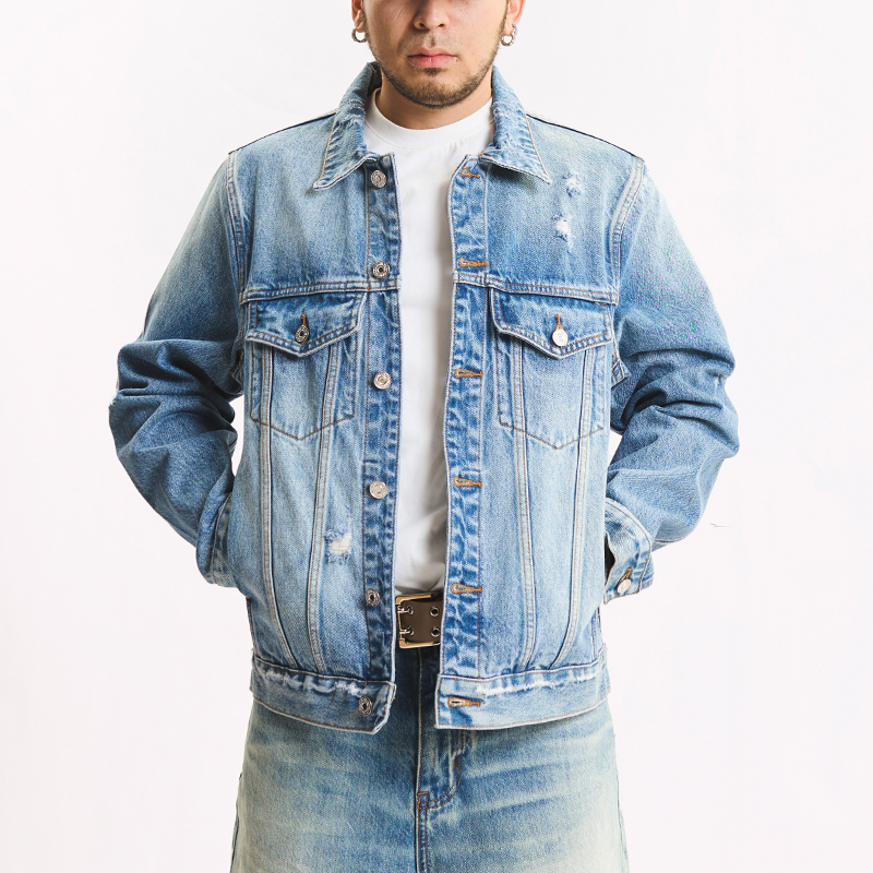 Air Ciooc 14.5oz Stone-Washed Snowflake Blue Classic Cut High-Quality Denim Jacket Versatile Distressed Jacket