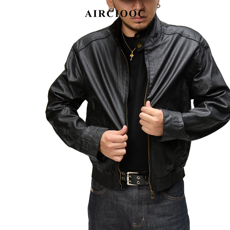 Airciooc American-Style Cleanfit Motorcycle Leather Jacket, Slim Fit, Short, Stand Collar, Black Oil Wax Leather Jacket