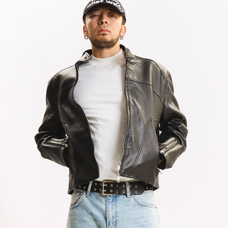 Air Ciooc【Krichigan】Cleanfit Short Santa Fe Leather Jacket with Stand Collar Pu Black Jacket