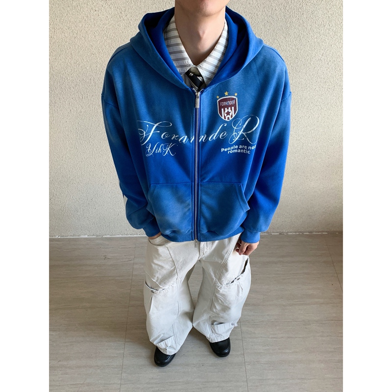 Chapter1 American-Style Washed Double-Stripe Patchwork Hooded Zip-Up Sweatshirt Jacket Unisex Hoodie