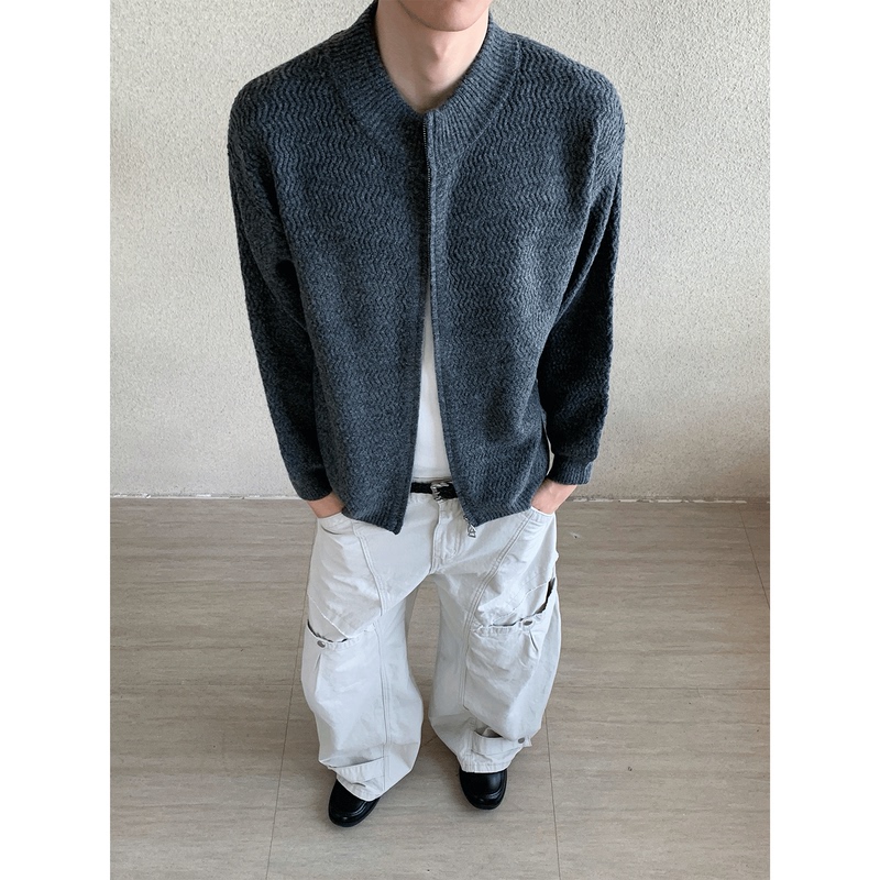 Chapter1 American Casual Lazy Style Stand-Up Collar Double Zipper Cardigan Sweater Unisex Loose Knit Sweater Jacket Chapter1 American Casual Lazy Style Stand-Up Collar Double Zipper Cardigan Sweater Unisex Loose Knit Sweater Jacket