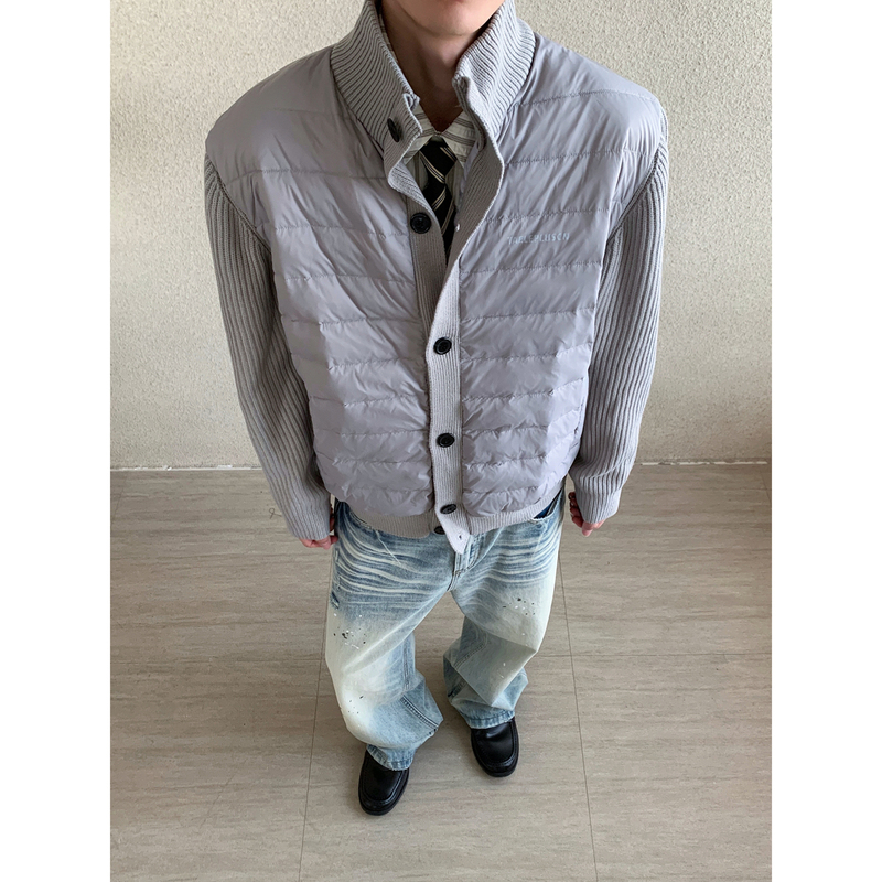 Chapter1 American-Style Design Knit Patchwork 90% White Duck down Stand Collar Ribbed down Jacket for Men and Women, Loose Fit and Warm Chapter1 American-Style Design Knit Patchwork 90% White Duck down Stand Collar Ribbed down Jacket for Men and Women, Loose Fit and Warm