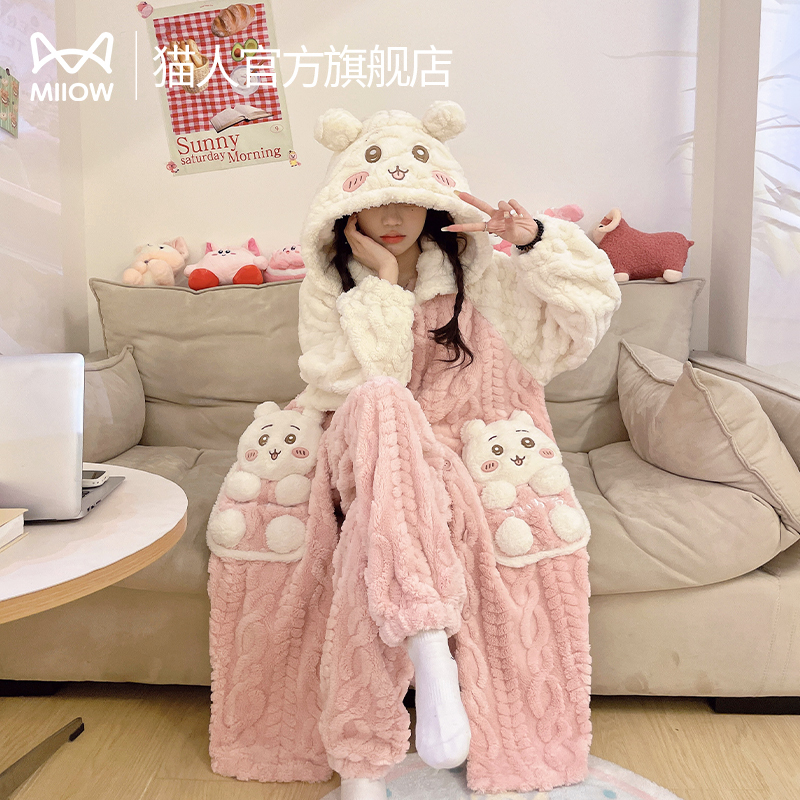 Catman Coral Velvet Pajamas for Women, Autumn and Winter, Fleece-Lined and Thickened, Cute Hooded Robe, Flannel Loungewear for Winter Catman Coral Velvet Pajamas for Women, Autumn and Winter, Fleece-Lined and Thickened, Cute Hooded Robe, Flannel Loungewear for Winter