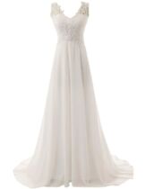 Classic A-line wedding dress v-neck bridal gown sleeveless w