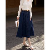 Washed A-line wavy mid-length umbrella skirt retro slim high-waist pure cotton denim skirt Korean style 2024