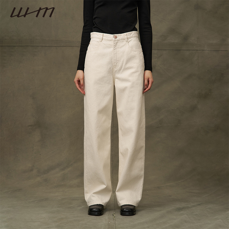 Whm Women's Loose Denim Canvas High-Waisted Straight-Leg Jeans Dark Blue and White Early Spring Pants