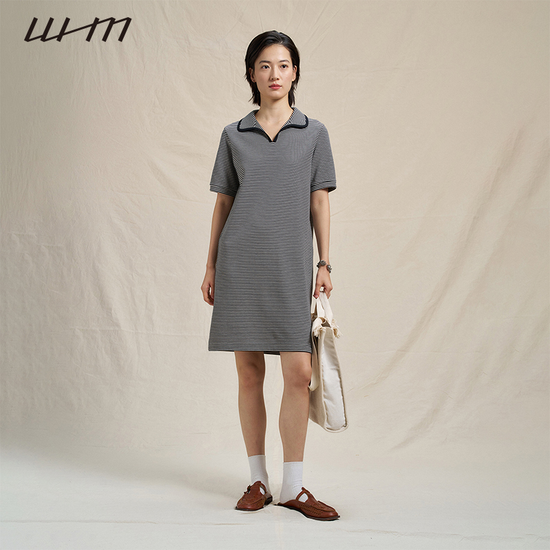 Whm Casual Wear Soft Knit Fabric Lapel Dress Striped Color-Blocking Dress Whm Casual Wear Soft Knit Fabric Lapel Dress Striped Color-Blocking Dress