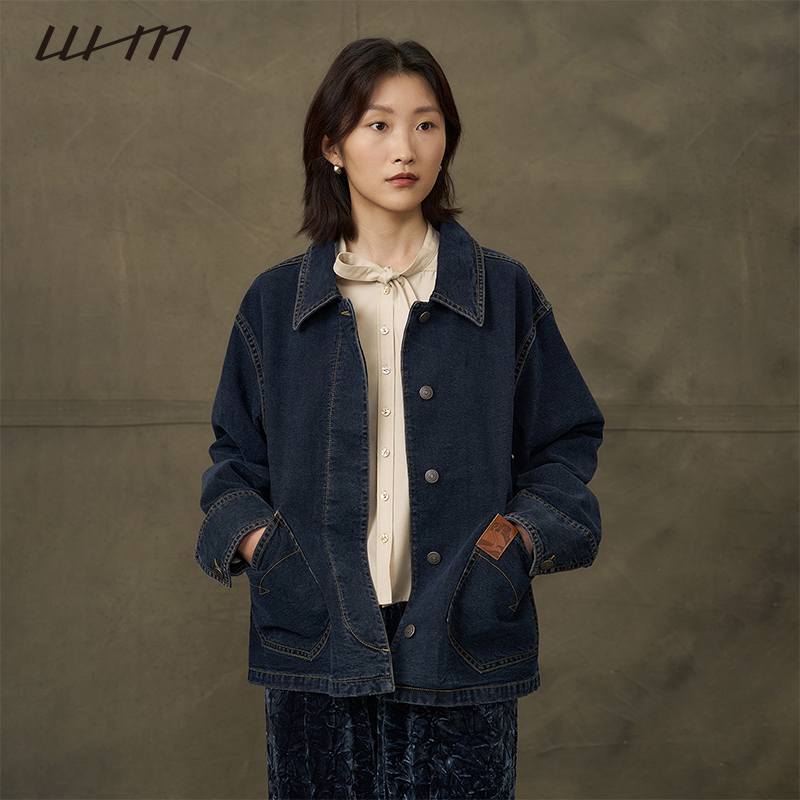 Whm Women's Denim Canvas Patch Pocket Jacket Denim Coat with a Stylish Lapel Design