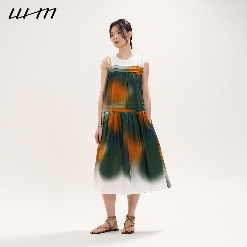 [New Model for Fall 2026] Whm Women's Retro Gradient Printed Silk Cotton Sleeveless Dress Mid-Length Skirt