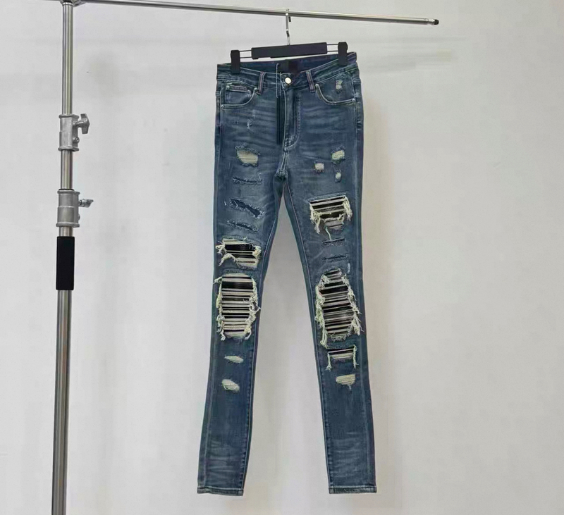 【Limited Edition】Xiaoxue Original Blue Patchwork Skinny Ripped Patch Jeans High Street Style