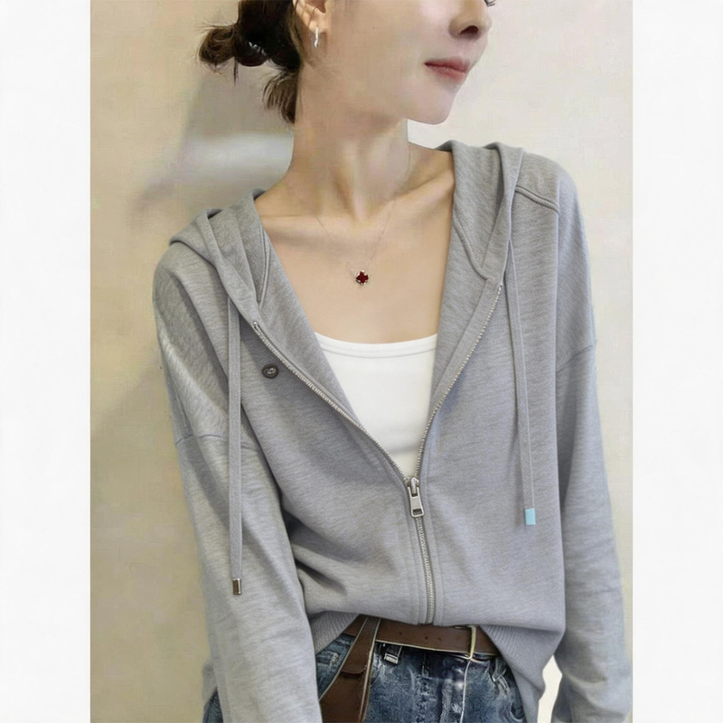 Gray Thin Hooded Knitted Cardigan for Women, Summer Sun Protection Cover-Up, 2026 New Loose Zipper Jacket Top Gray Thin Hooded Knitted Cardigan for Women, Summer Sun Protection Cover-Up, 2026 New Loose Zipper Jacket Top