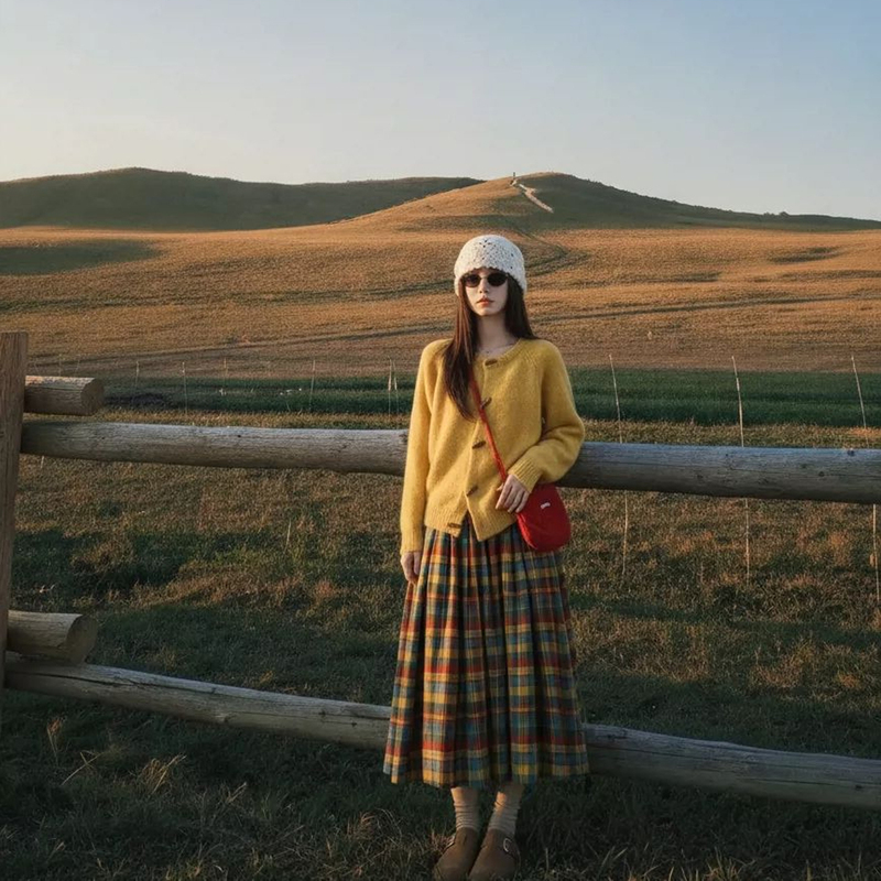 Xinjiang Hulunbuir Grassland Travel Horn Button Knitted Cardigan Dopamine Rainbow Plaid Skirt Two-Piece Set Winter Xinjiang Hulunbuir Grassland Travel Horn Button Knitted Cardigan Dopamine Rainbow Plaid Skirt Two-Piece Set Winter