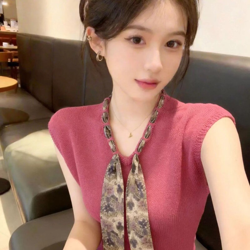 French Silk Scarf V-Neck Knitwear for Women, Sleeveless Vest, Slim Fit, Pink Top