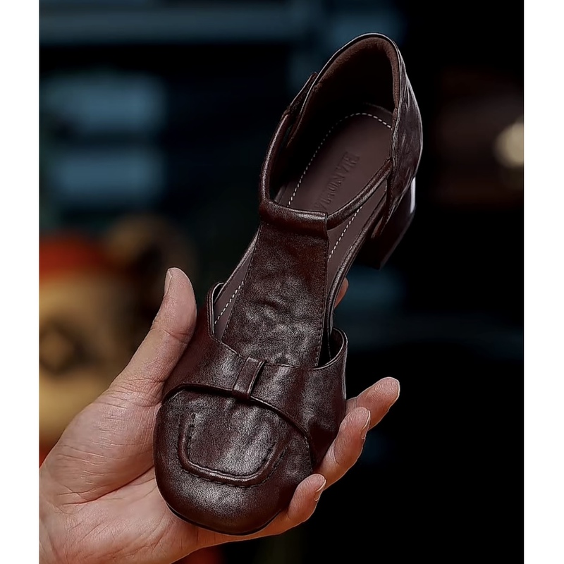 [Niu Jia] Heel Height 5Cm/Shoe Size 33-42/Vintage British Style Single Shoes Retro Closed-Toe Sandals Round-Toe Sandals