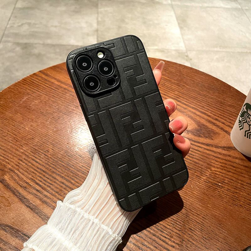 Leather F Brand Fendi Style iPhone 16 Pro Max Phone Case iPhone 14 Shockproof Full Coverage 13 Pro Max Embossed 15 Pro High-End Feel 12 Compatible 11 Protective Case Men's 16 Plus European and American Style