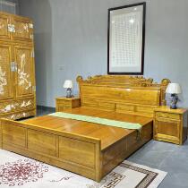 Golden nanmu new Chinese style solid wood bed 1 8m antique mahogany bed double bedroom 2m mahogany large bed Ming