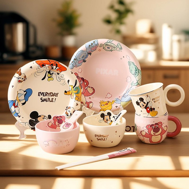 Disney Mickey One-Person Dining Set Ceramic Plate Chopsticks Spoon Cup Rice Bowl Home Use 2025 New Model High Aesthetic Value