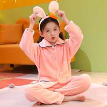 Autumn and winter childrens flannel pajamas girls boys baby coral velvet suit kids girls thickened home clothes