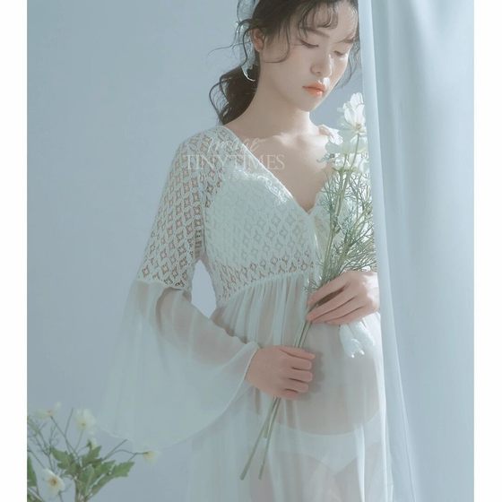 影楼孕妇拍照服装新款私房写真小清新简约白色连衣裙孕妇摄影衣服
