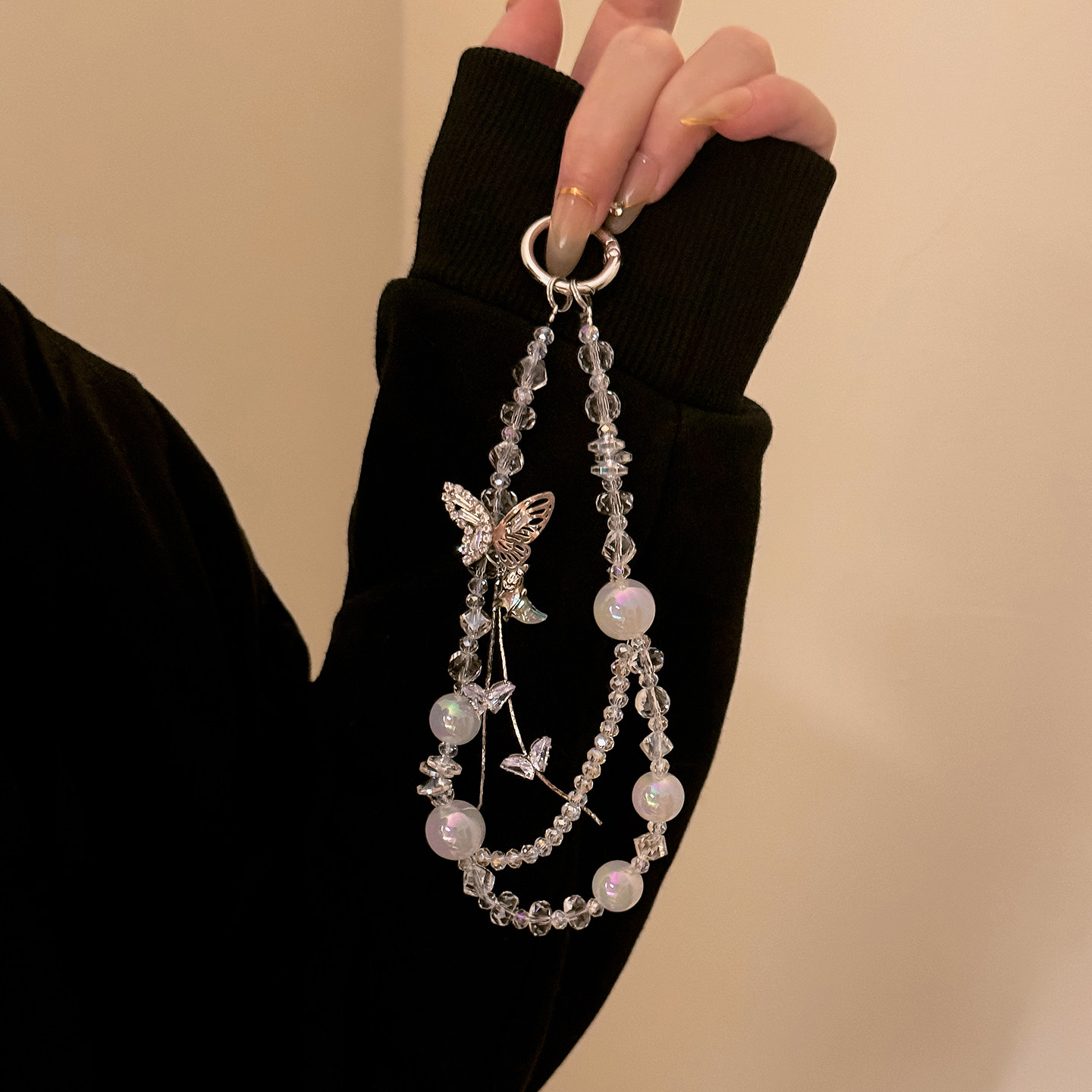 Clear and elegant butterfly pearl mobile phone chain wrist charm exquisite crystal beaded chain bag pendant keychain