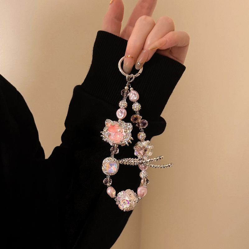 Girly Pink Kt Cat Phone Chain Bag Pendant Sweet Beaded Wrist Crystal Chain Keychain Short Lanyard
