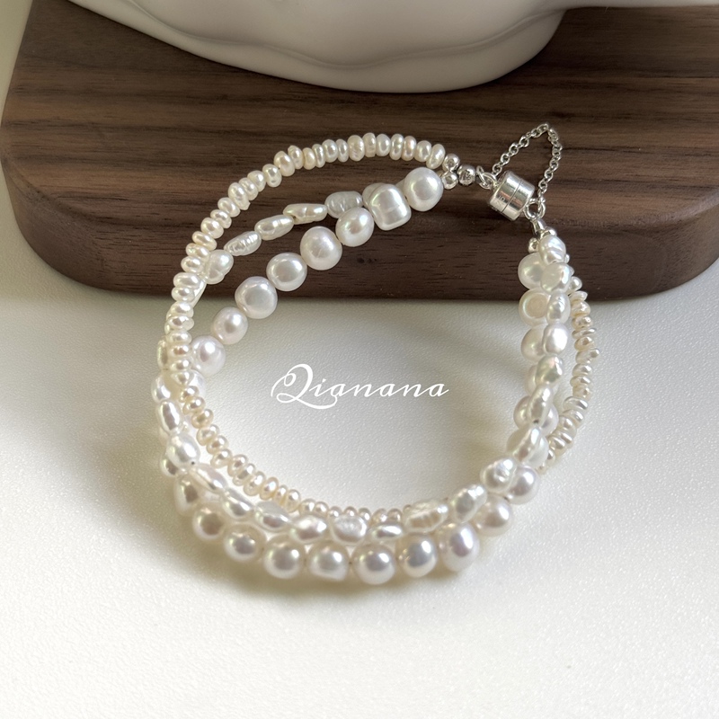 Qianana Three-Layer Baroque Natural Freshwater Pearl Magnetic Clasp Anti-Drop Chain Bracelet Design