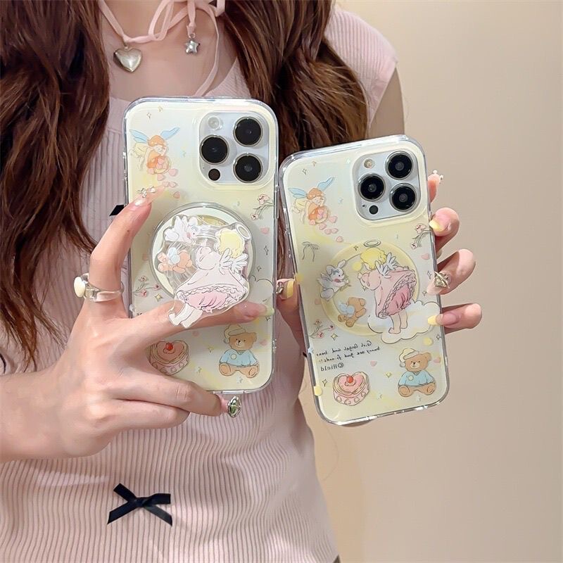 Angel Cake Bear Phone Case Suitable for Samsung S26 Ultra, S25+, S24 Fe, Women's Models S22+, S21+, Cartoon S20 Fe, High-End Feel, A06, A16, A57, Magnetic A07, A17, Large Hole A26, A56