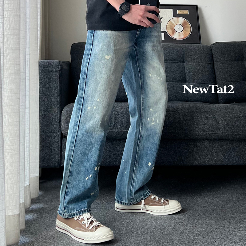 Newtat2 Casual Drapey Light Blue Jeans Straight-Leg Men's Trousers Loose Splatter Ink Trendy Brand Spring New Style