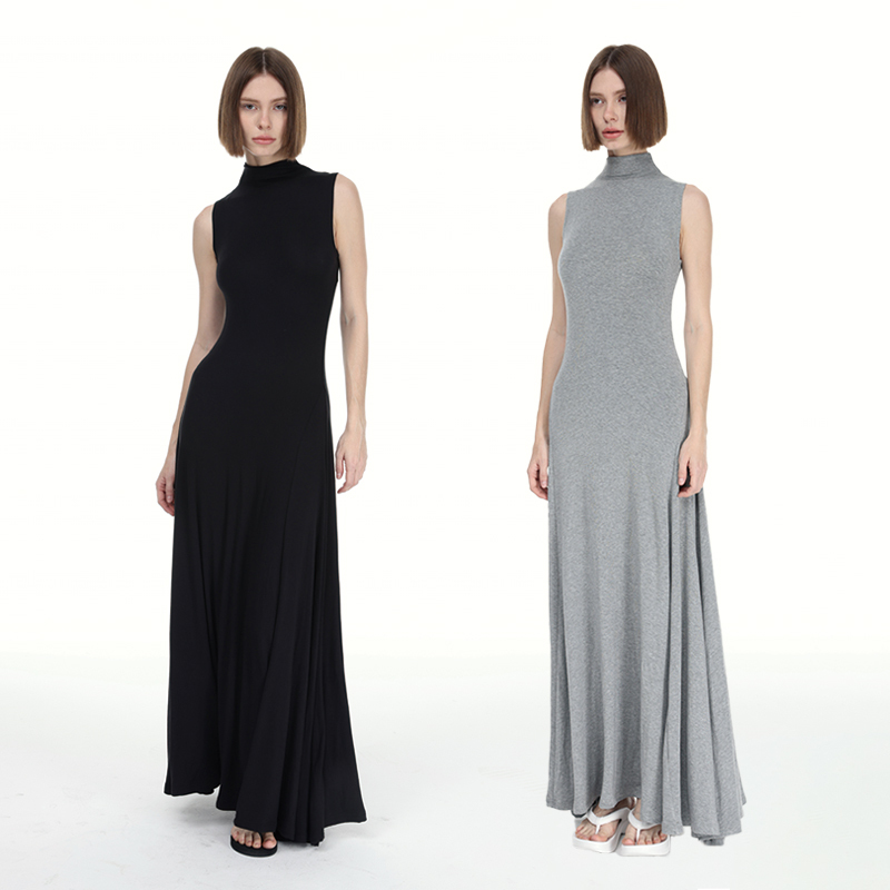 Covertitle Lazy-Style Dress with High-Neck Design, Long Dress, Casual Sports Slim-Fit Tank Top