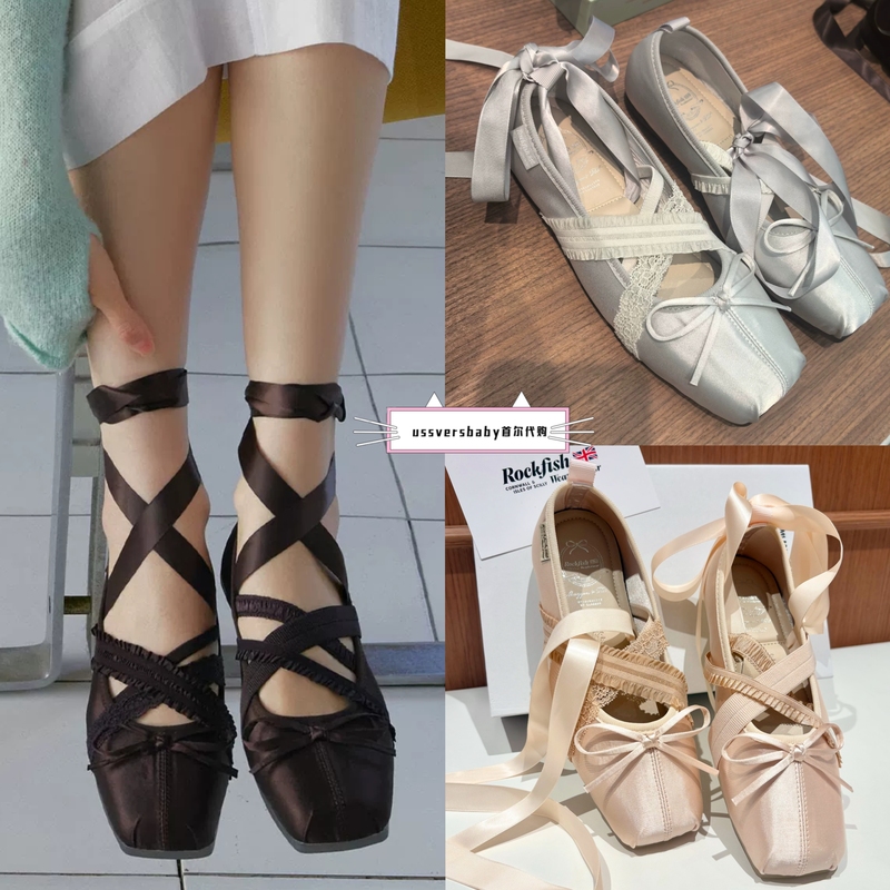 Korean Rockfish 26 Spring New Satin Lace Cross-Strap Bow Ballet Shoes Mary Jane Shoes