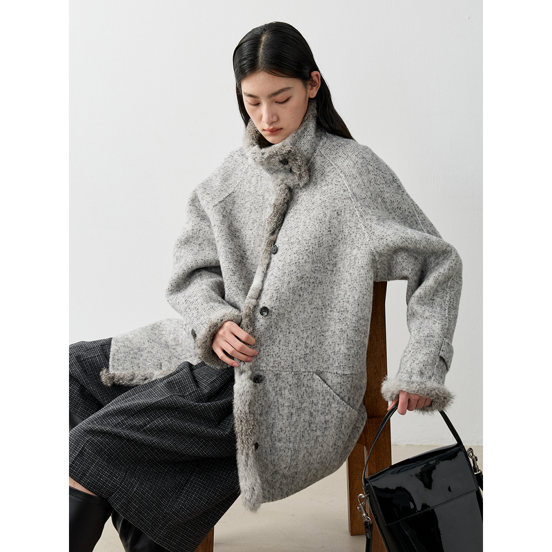 Incoln Fur-Like Stand-Up Collar Wool Coat for Women, Winter Wool Stripe Splicing Silhouette Alpaca Wool Coat