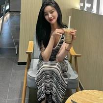 Travel super fairy sleeveless suspender beach skirt Sanya seaside vacation photo striped dress over the knee long skirt summer