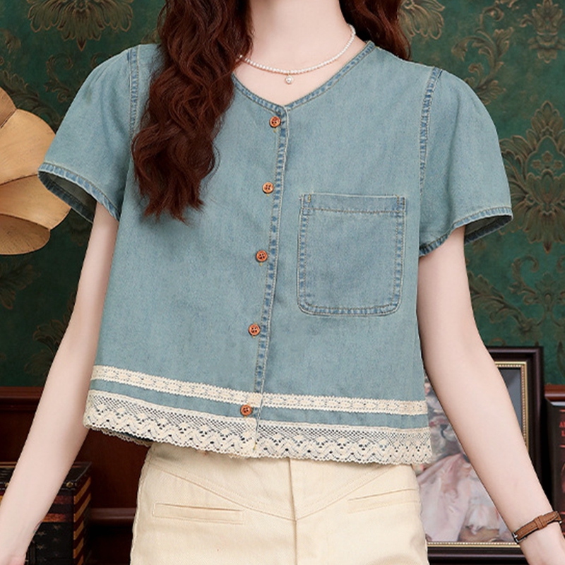 2026 French Lace Trim Puff Sleeve Denim Short-Sleeve Shirt for Women, Summer Stylish and Slimming Blouse