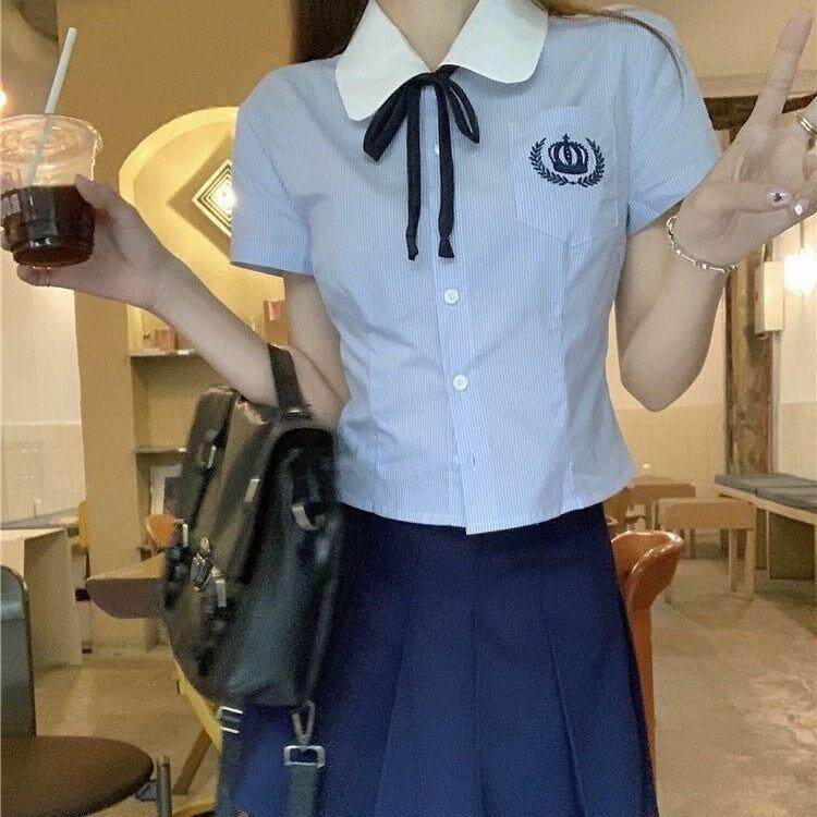 jk制服加工定制 蓝色学院风衬衫百褶裙套装女高级感jk上衣短裙两件套夏季2024新款