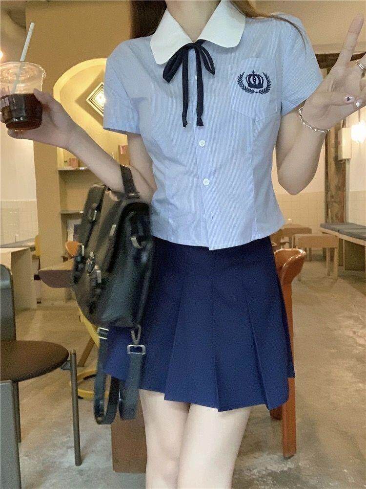 jk制服加工定制 蓝色学院风衬衫百褶裙套装女高级感jk上衣短裙两件套夏季2024新款