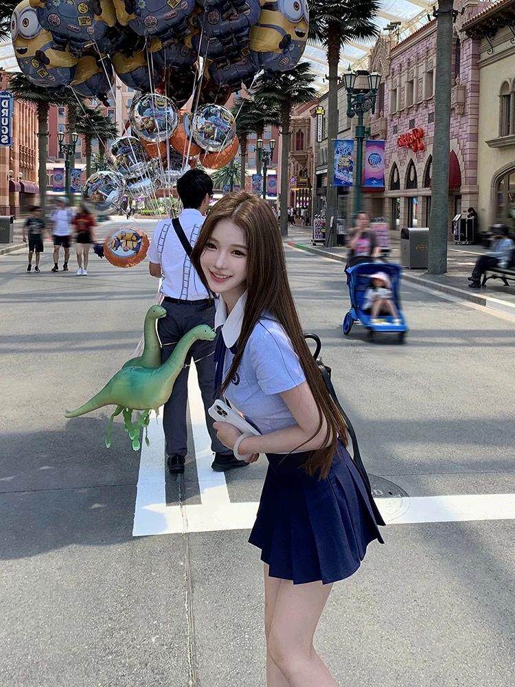 jk制服加工定制 蓝色学院风衬衫百褶裙套装女高级感jk上衣短裙两件套夏季2024新款