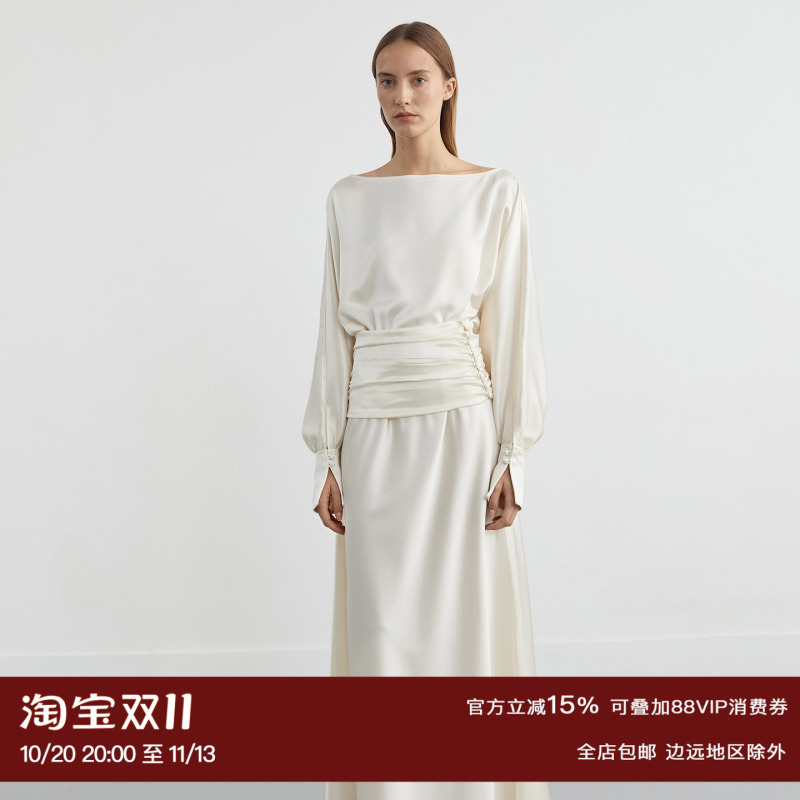 Ruthese Champagne-Colored Satin Acetate Off-Shoulder Dress for Women, Autumn Waist-Cinching Design, Straight Long Dress Ruthese Champagne-Colored Satin Acetate Off-Shoulder Dress for Women, Autumn Waist-Cinching Design, Straight Long Dress
