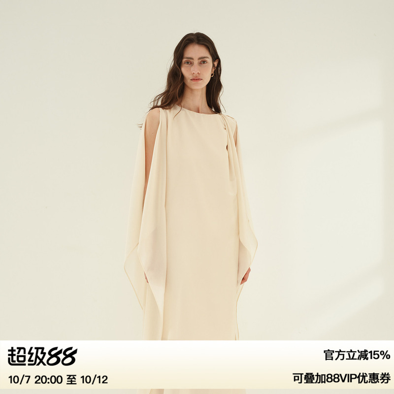 Ruthese Elegant Silk Acetate Dress for Women, Autumn Style, Asymmetrical Shawl, High-End Long Dress