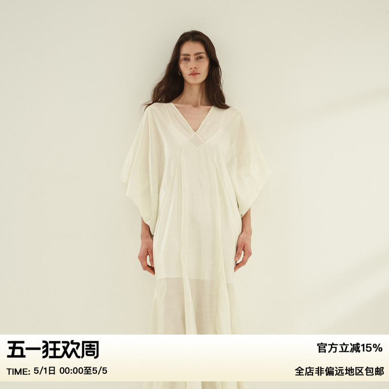 Ruthese Light Beige Silver Thread Shimmering Linen Fishtail Hem Wide Sleeves High-End Elegant Relaxed Long Dress