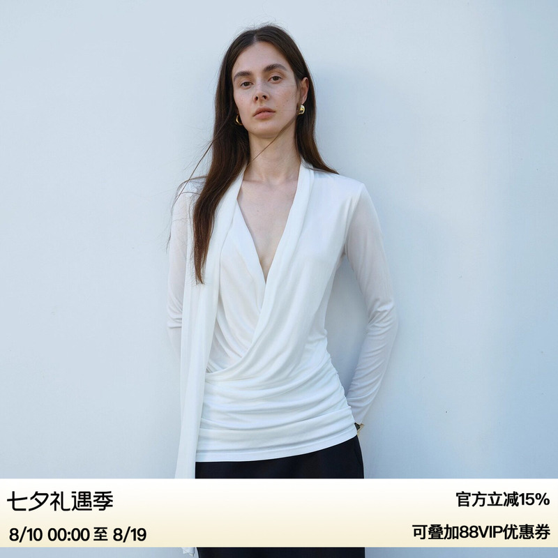 【Xu Luyang's Style】Ruthese White Draped V-Neck Acetate Knit Patchwork Pleated Design Top