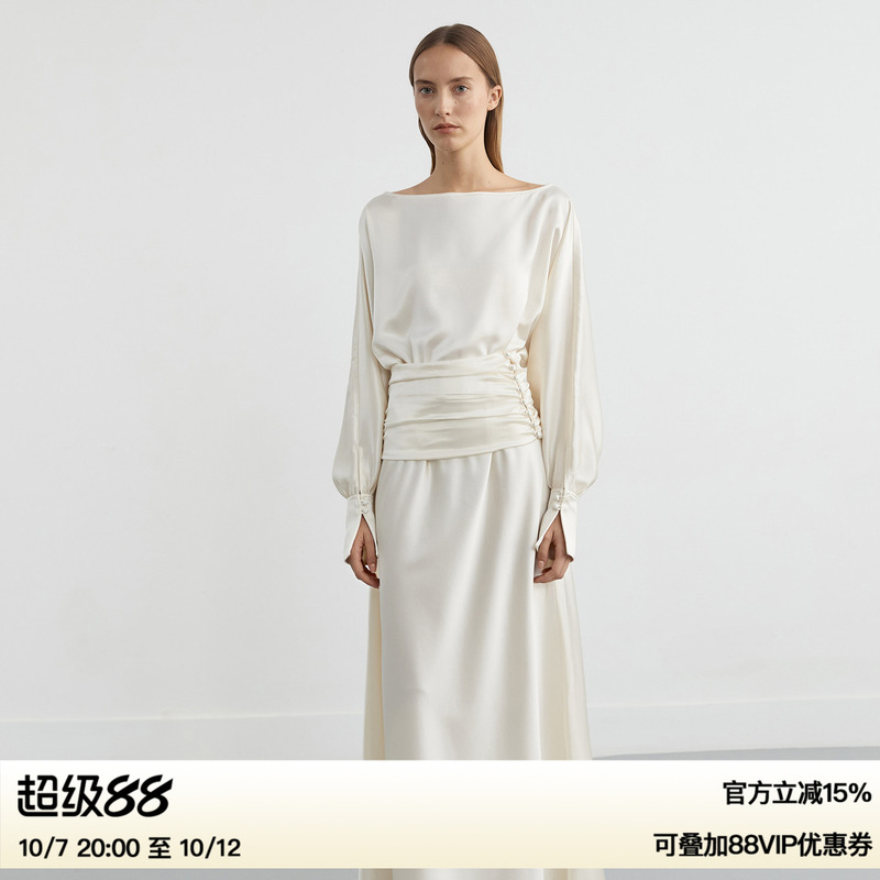 Ruthese Champagne-Colored Satin Acetate Off-Shoulder Dress for Women, Autumn Waist-Cinching Design, Straight Long Dress