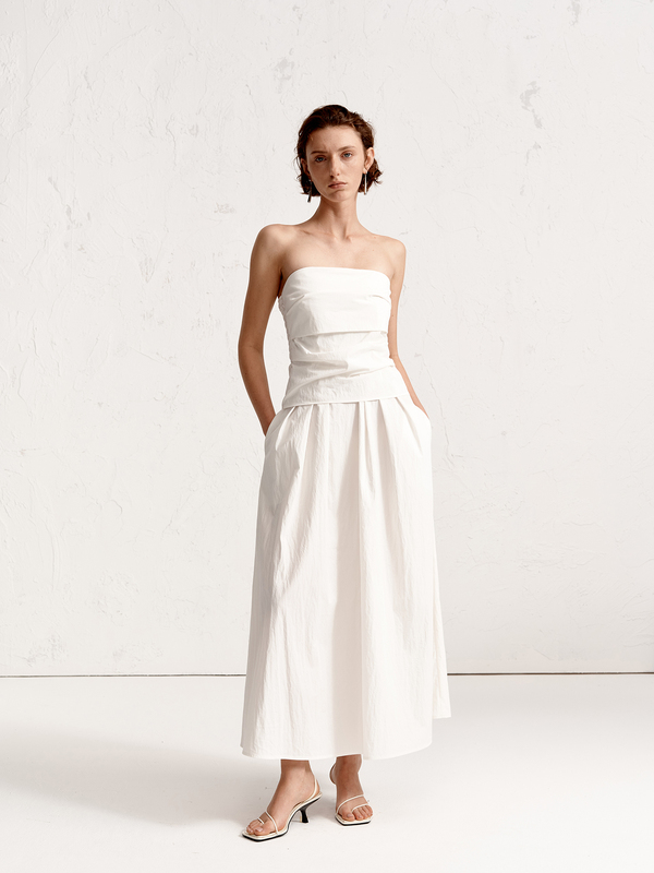 Ruthese White Textured Poplin Tube Top Dress for Women, Summer Simple and Elegant High-End Sleeveless Long Dress