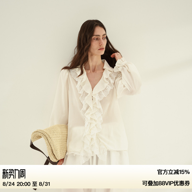 Ruthese Acetate Cool Feeling Slightly Sheer Heavy Lace V-Neck Blouse Women's Vacation Lantern Long Sleeve Shirt Summer