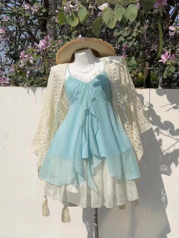 Summer Vacation Style Beach Trip Three-Piece Set, Fresh Chiffon Camisole Dress, Petite Slimming Outfit with a Sense of Atmosphere
