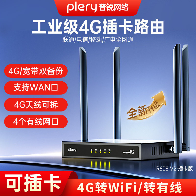 Plery R608v2 Upgraded 4G Card Wireless Router CPE Dual Link Backup with WAN Port WiFi 6 Wall Through Unicom Telecom Mobile Broadcasting Network SIM Card to WiFi