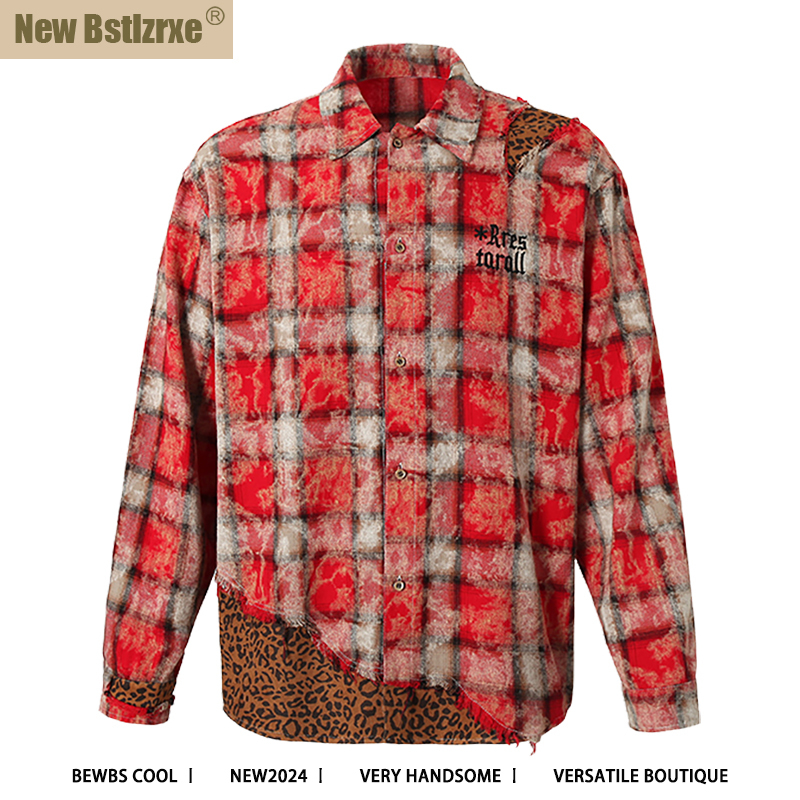 New Bstlzrxe'Gender-Neutral Fashion' American Design Red Plaid Leopard Print Patchwork Long-Sleeve Shirt Trendy