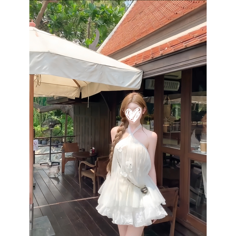 In Stock 26/Ss Double-Petal White Lisianthus Halter Neck Mesh Floral Top Blue Tencel Lyocell Long Pants