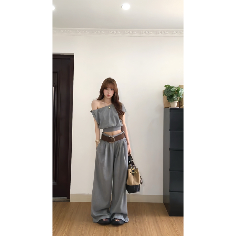 Waffle Knit One-Shoulder Short-Sleeve T-Shirt Women's Casual Set + Wide-Leg Pants