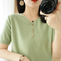 Ice silk short-sleeved T-shirt womens short high-waist summer slim half-sleeved thin sweater v-neck versatile top for little people